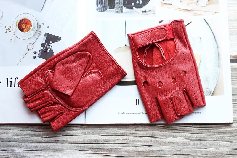 New Women's Sheepskin Half Finger Gloves Leather Single Layer Unlined Thin Hollow Fitness Driver Motorcycle Leather Gloves