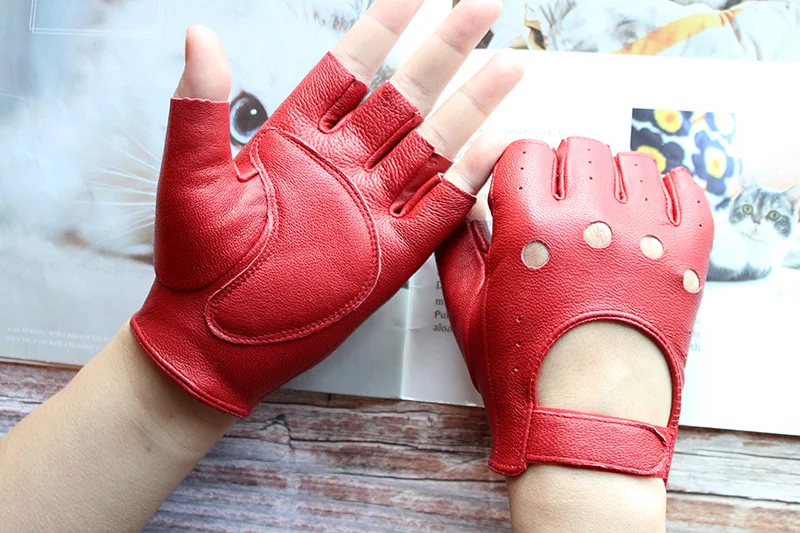 New Women's Sheepskin Half Finger Gloves Leather Single Layer Unlined Thin Hollow Fitness Driver Motorcycle Leather Gloves