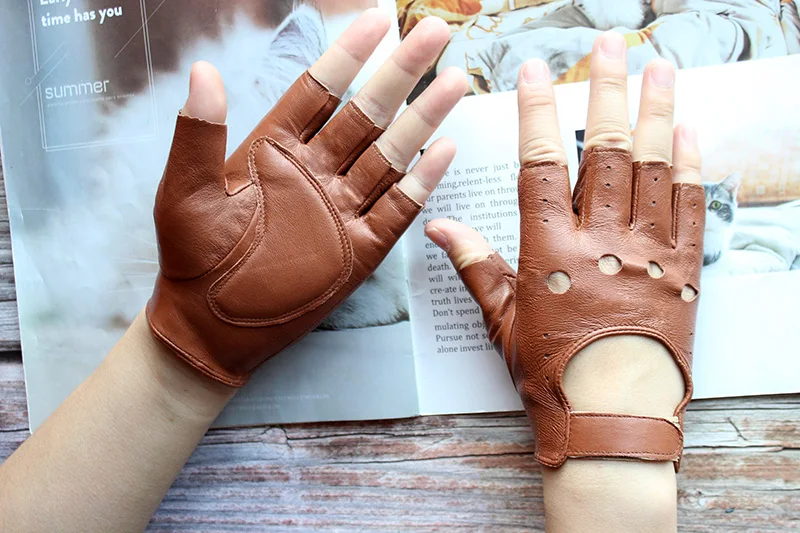 New Women's Sheepskin Half Finger Gloves Leather Single Layer Unlined Thin Hollow Fitness Driver Motorcycle Leather Gloves