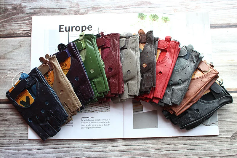 New Women's Sheepskin Half Finger Gloves Leather Single Layer Unlined Thin Hollow Fitness Driver Motorcycle Leather Gloves