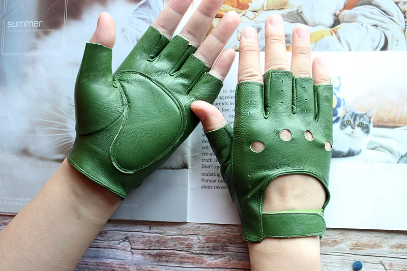 New Women's Sheepskin Half Finger Gloves Leather Single Layer Unlined Thin Hollow Fitness Driver Motorcycle Leather Gloves