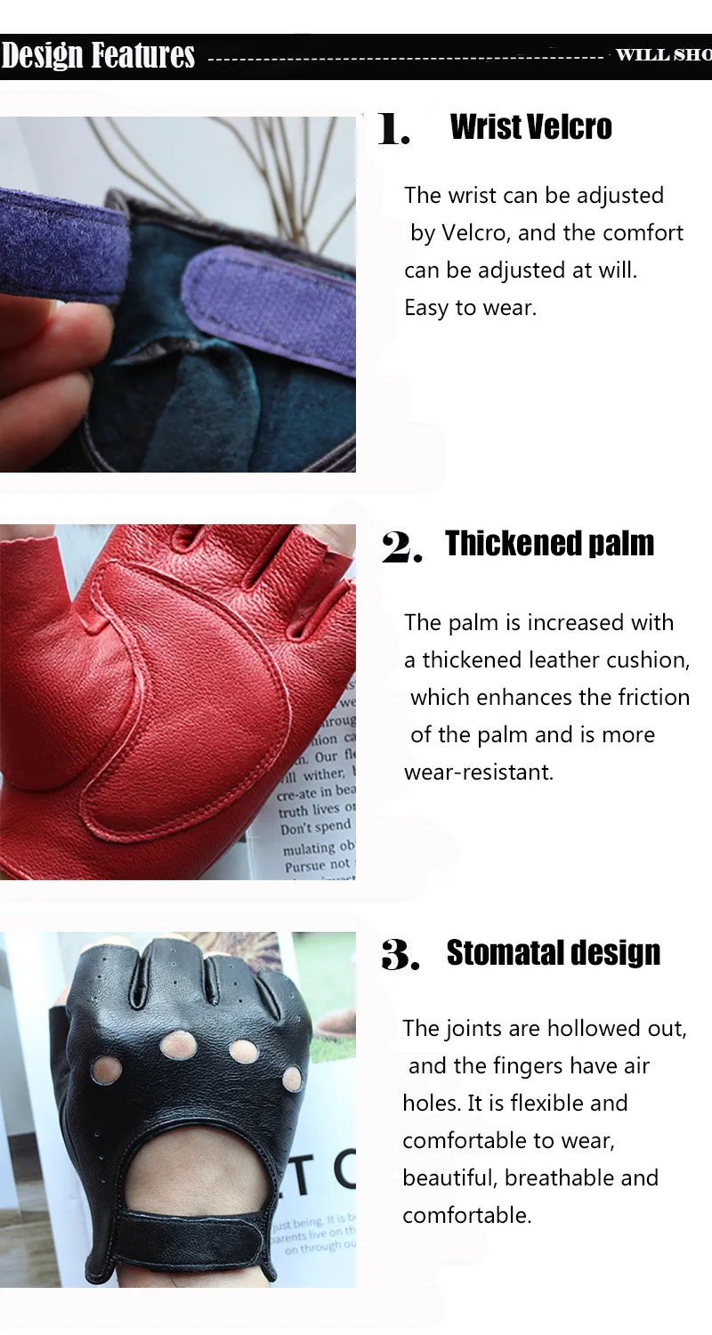 New Women's Sheepskin Half Finger Gloves Leather Single Layer Unlined Thin Hollow Fitness Driver Motorcycle Leather Gloves