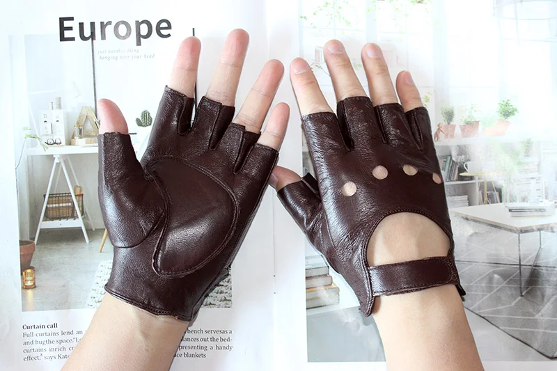New Women's Sheepskin Half Finger Gloves Leather Single Layer Unlined Thin Hollow Fitness Driver Motorcycle Leather Gloves
