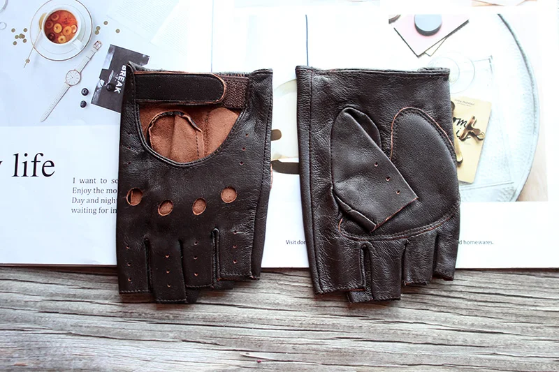 New Women's Sheepskin Half Finger Gloves Leather Single Layer Unlined Thin Hollow Fitness Driver Motorcycle Leather Gloves