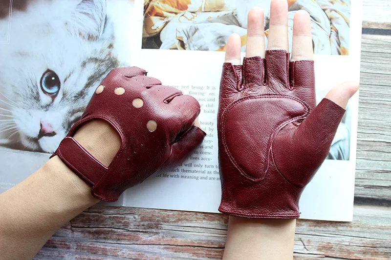 New Women's Sheepskin Half Finger Gloves Leather Single Layer Unlined Thin Hollow Fitness Driver Motorcycle Leather Gloves
