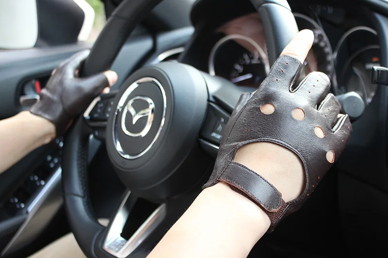 New Women's Sheepskin Half Finger Gloves Leather Single Layer Unlined Thin Hollow Fitness Driver Motorcycle Leather Gloves