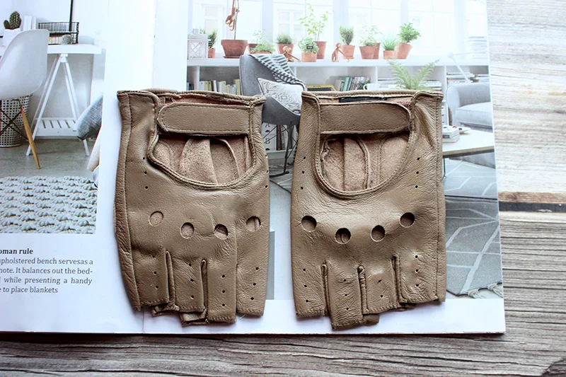 New Women's Sheepskin Half Finger Gloves Leather Single Layer Unlined Thin Hollow Fitness Driver Motorcycle Leather Gloves