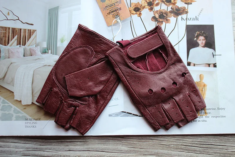 New Women's Sheepskin Half Finger Gloves Leather Single Layer Unlined Thin Hollow Fitness Driver Motorcycle Leather Gloves