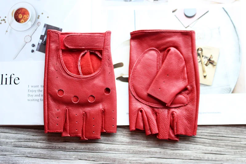 New Women's Sheepskin Half Finger Gloves Leather Single Layer Unlined Thin Hollow Fitness Driver Motorcycle Leather Gloves