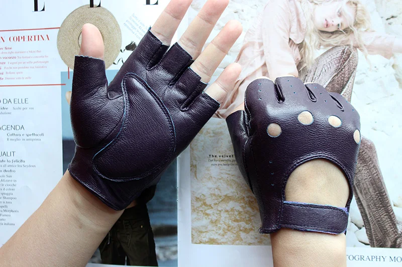 New Women's Sheepskin Half Finger Gloves Leather Single Layer Unlined Thin Hollow Fitness Driver Motorcycle Leather Gloves