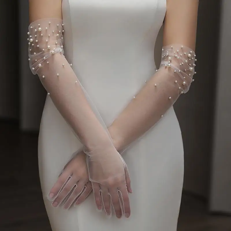 Elegant Pearl Beaded Long Elbow Bridal Gloves for Wedding Party Finger Tulle Gloves Marriage Accessories