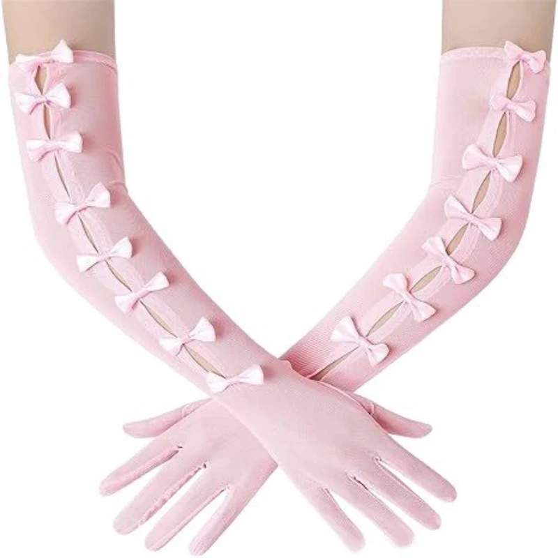 Women's 48cm Mesh Hollow Bows Fashion Personality Elastic Breathable Thin Long Gloves Lolita Cosplay Stage Performance Opera