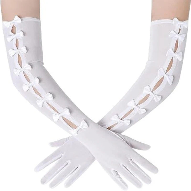 Women's 48cm Mesh Hollow Bows Fashion Personality Elastic Breathable Thin Long Gloves Lolita Cosplay Stage Performance Opera
