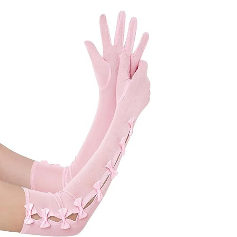 Women's 48cm Mesh Hollow Bows Fashion Personality Elastic Breathable Thin Long Gloves Lolita Cosplay Stage Performance Opera