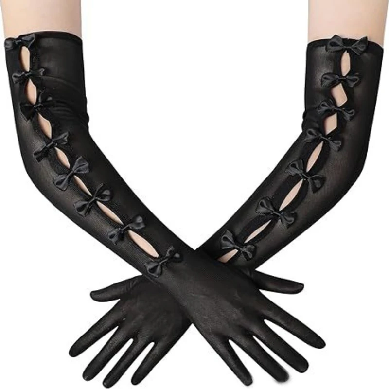 Women's 48cm Mesh Hollow Bows Fashion Personality Elastic Breathable Thin Long Gloves Lolita Cosplay Stage Performance Opera