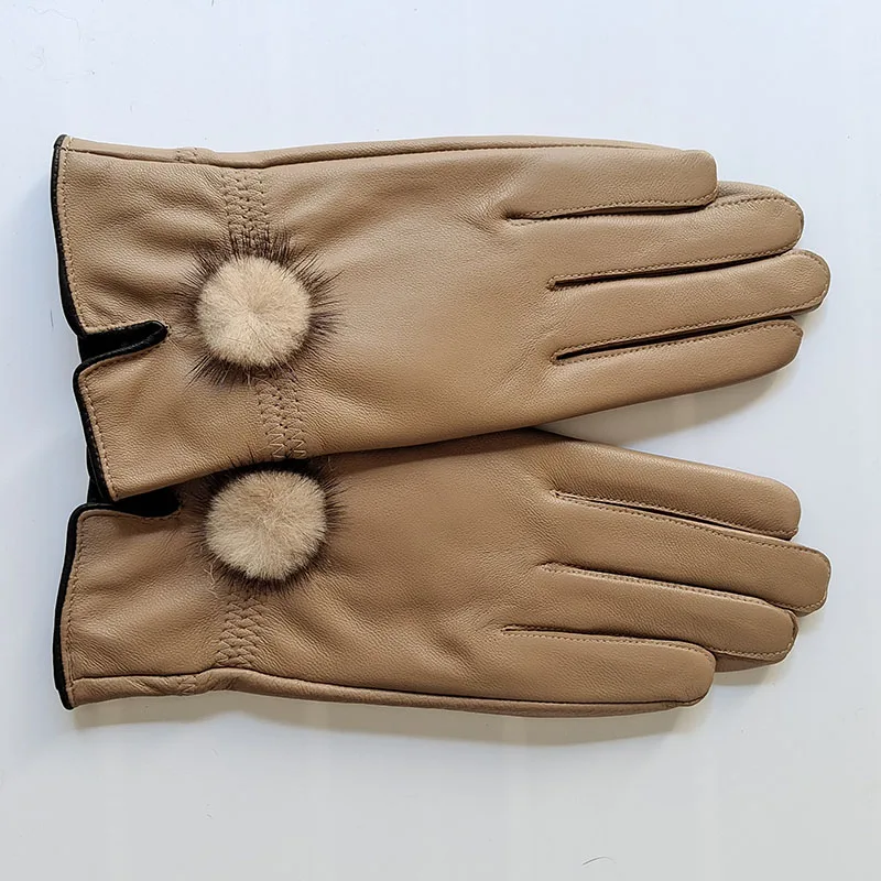 Genuine Leather Glove Women Warm Fashhion Winter Ladies Hand Warmer Gloves With Natural Mink Fur Ball Luxury Glove With Finger