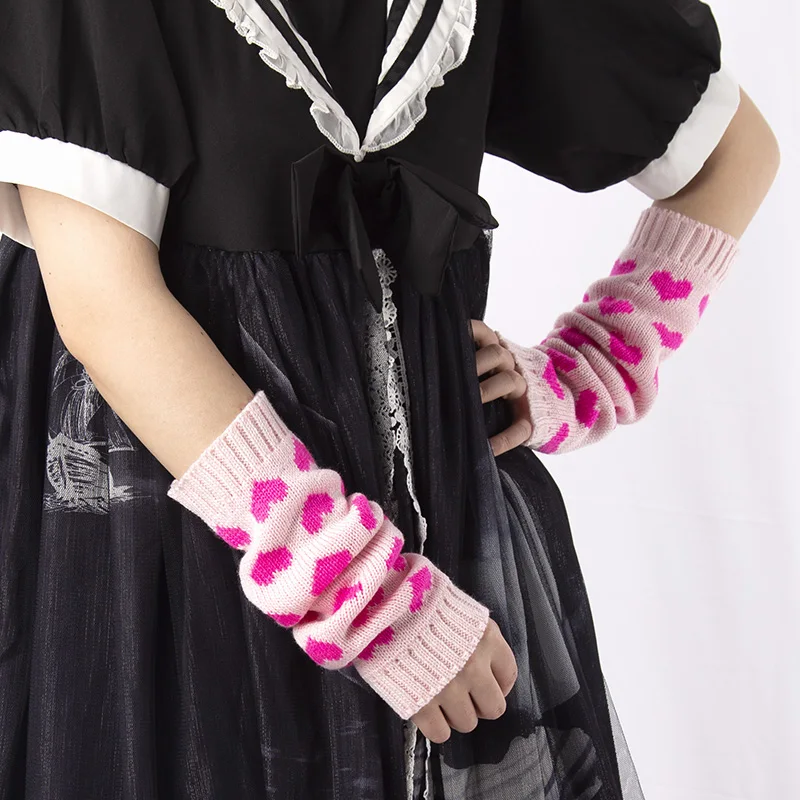 Women Fingerless Gloves JK Arm Warmers Cute Long Glove Winter Gothic Lolita Arm Sleeve Girls Y2k Love Heart Black Classic Mitten