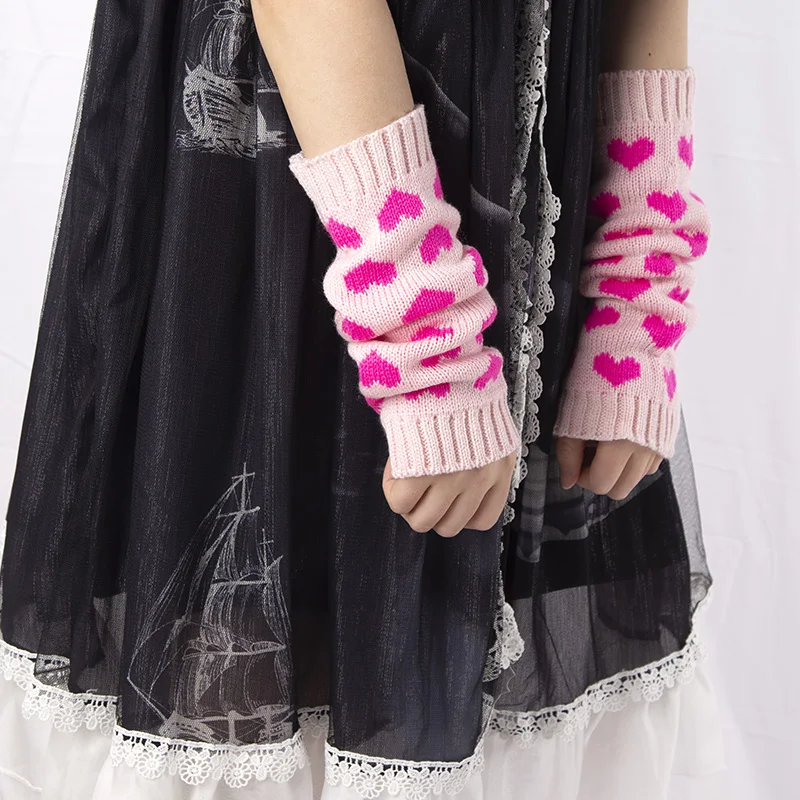 Women Fingerless Gloves JK Arm Warmers Cute Long Glove Winter Gothic Lolita Arm Sleeve Girls Y2k Love Heart Black Classic Mitten