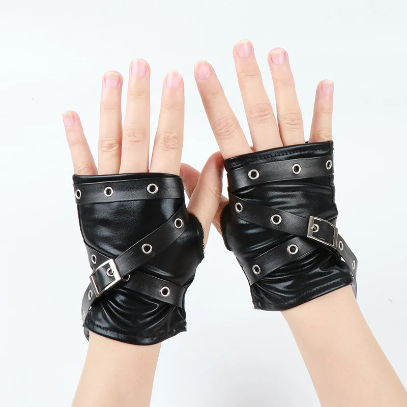 2026 New Women Black Gloves Soft Punk Short Synthetic Leather Half Finger Lady Street Dance Handsome Gloves Y2K