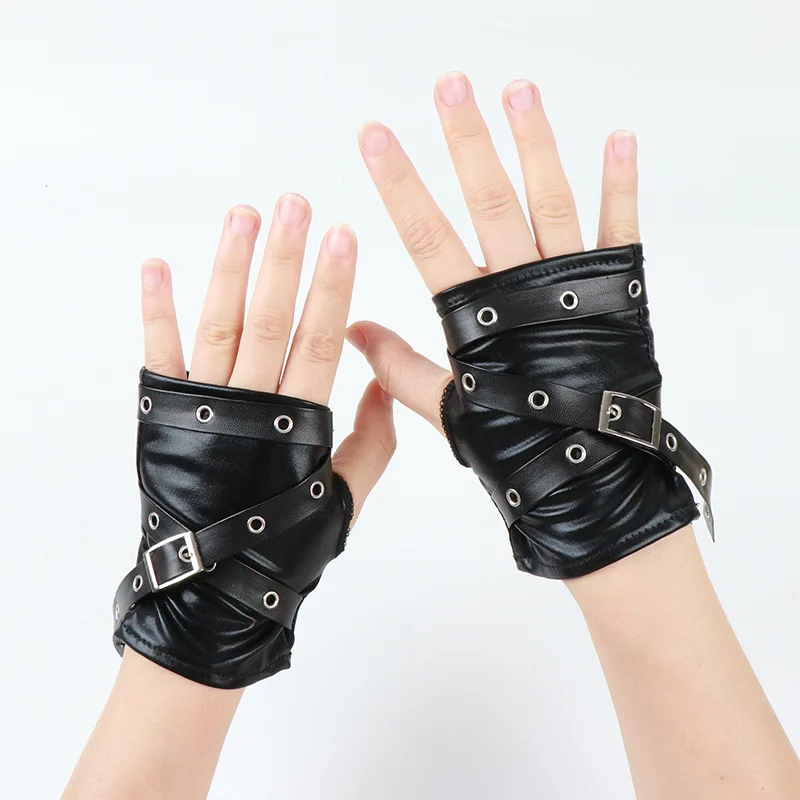 2026 New Women Black Gloves Soft Punk Short Synthetic Leather Half Finger Lady Street Dance Handsome Gloves Y2K