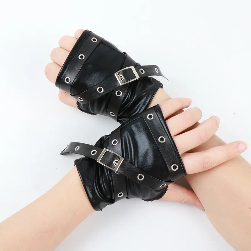 2026 New Women Black Gloves Soft Punk Short Synthetic Leather Half Finger Lady Street Dance Handsome Gloves Y2K