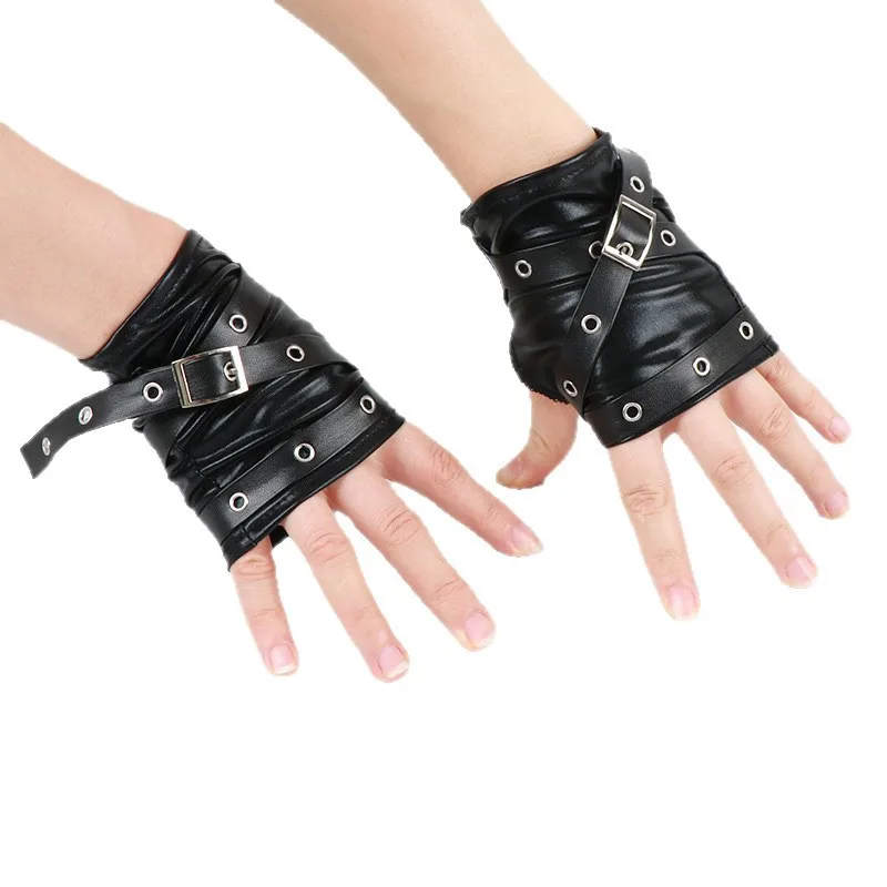 2026 New Women Black Gloves Soft Punk Short Synthetic Leather Half Finger Lady Street Dance Handsome Gloves Y2K