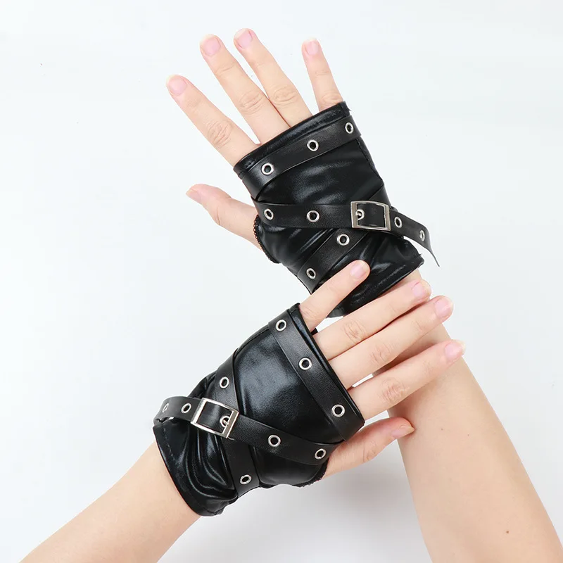 2026 New Women Black Gloves Soft Punk Short Synthetic Leather Half Finger Lady Street Dance Handsome Gloves Y2K