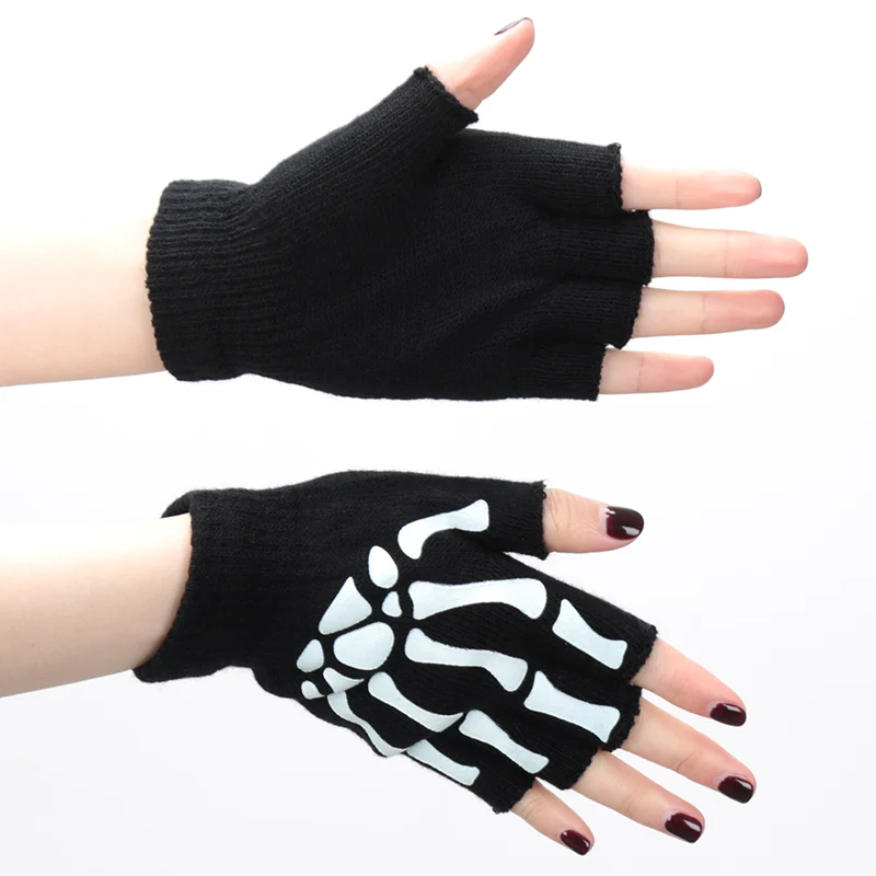Skull Punk Gloves Black Neutral Half Finger Ghost Claw Knitted Gloves Exposed Finger Spot Nightlight Fingerless Elastic Gloves