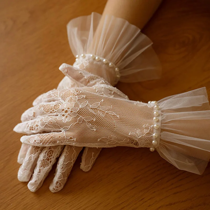 Fashion Pearl Ruffle Wrist Lace Mesh Sheer Short Gloves Bride Wedding Women Elegant Ceremony Lolita Cosplay Sweet Accessory