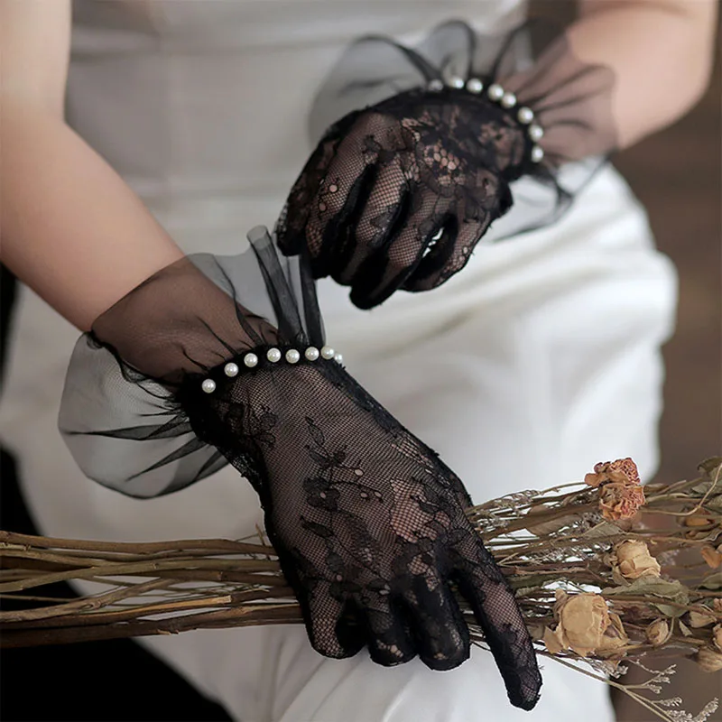 Fashion Pearl Ruffle Wrist Lace Mesh Sheer Short Gloves Bride Wedding Women Elegant Ceremony Lolita Cosplay Sweet Accessory