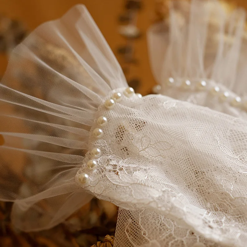 Fashion Pearl Ruffle Wrist Lace Mesh Sheer Short Gloves Bride Wedding Women Elegant Ceremony Lolita Cosplay Sweet Accessory