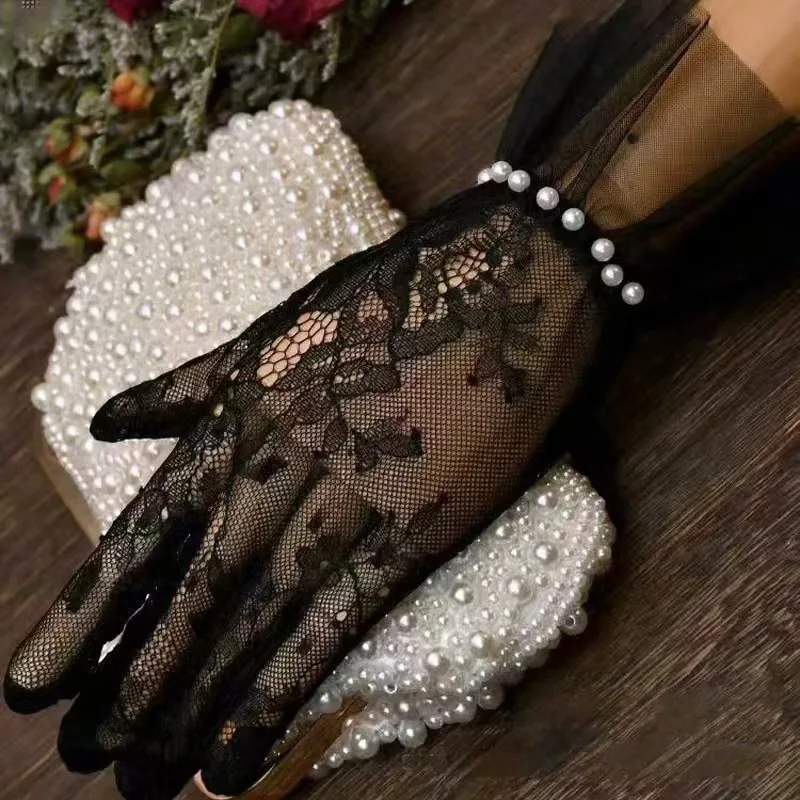 Fashion Pearl Ruffle Wrist Lace Mesh Sheer Short Gloves Bride Wedding Women Elegant Ceremony Lolita Cosplay Sweet Accessory