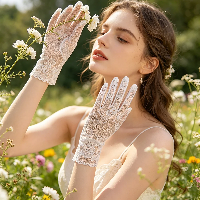 25CM Women Lace Short Gloves Elegant Sheer Mesh Vintage Style for Wedding Bridal Tea Party Prom Cosplay Lolita Princess Sweety
