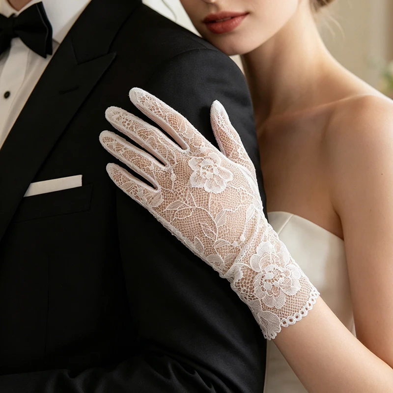 25CM Women Lace Short Gloves Elegant Sheer Mesh Vintage Style for Wedding Bridal Tea Party Prom Cosplay Lolita Princess Sweety