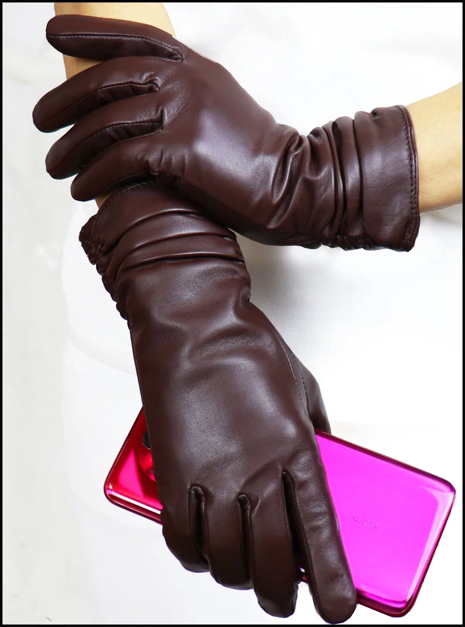 High-end Leather Sheepskin Gloves Women's Warm Knitted Flannel Lining Touch Screen Color Leather Gloves Driving Genuine New