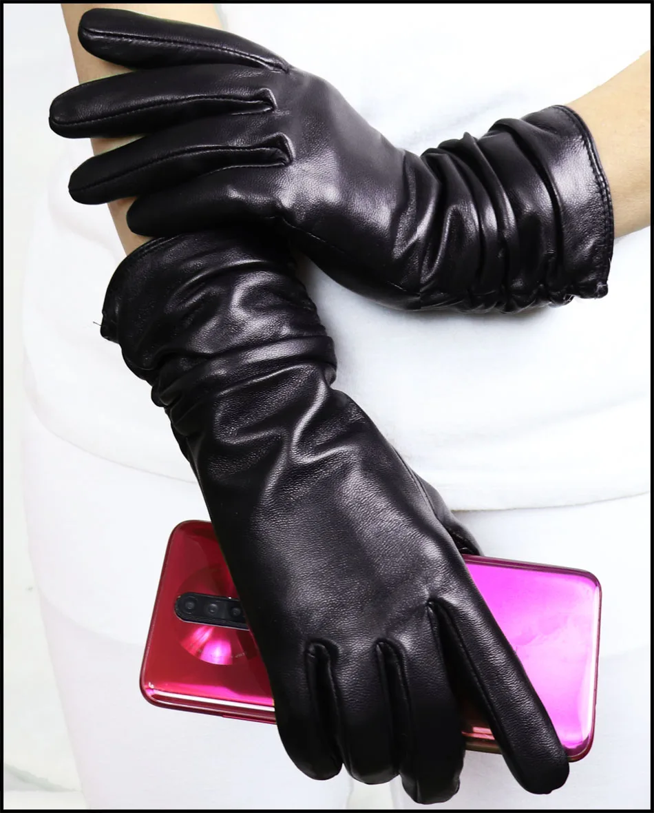 High-end Leather Sheepskin Gloves Women's Warm Knitted Flannel Lining Touch Screen Color Leather Gloves Driving Genuine New