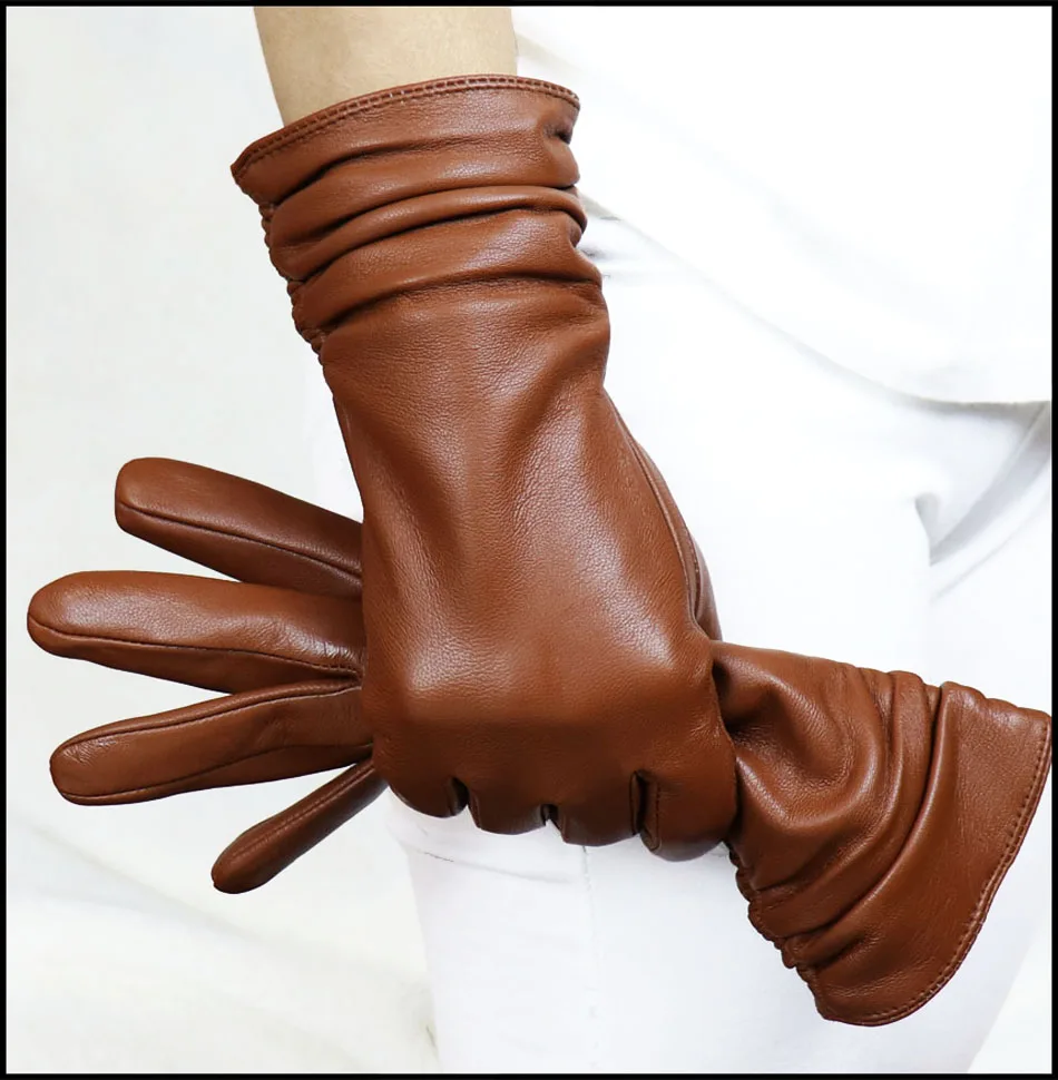 High-end Leather Sheepskin Gloves Women's Warm Knitted Flannel Lining Touch Screen Color Leather Gloves Driving Genuine New