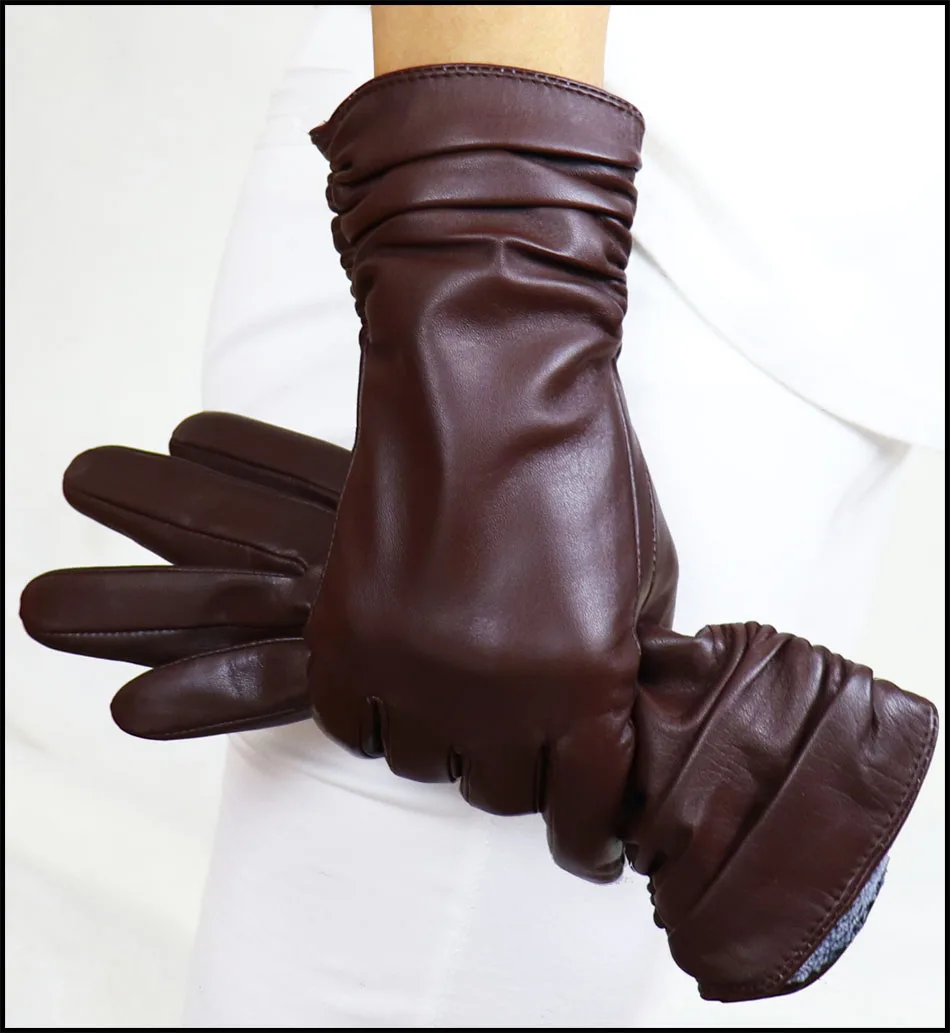 High-end Leather Sheepskin Gloves Women's Warm Knitted Flannel Lining Touch Screen Color Leather Gloves Driving Genuine New