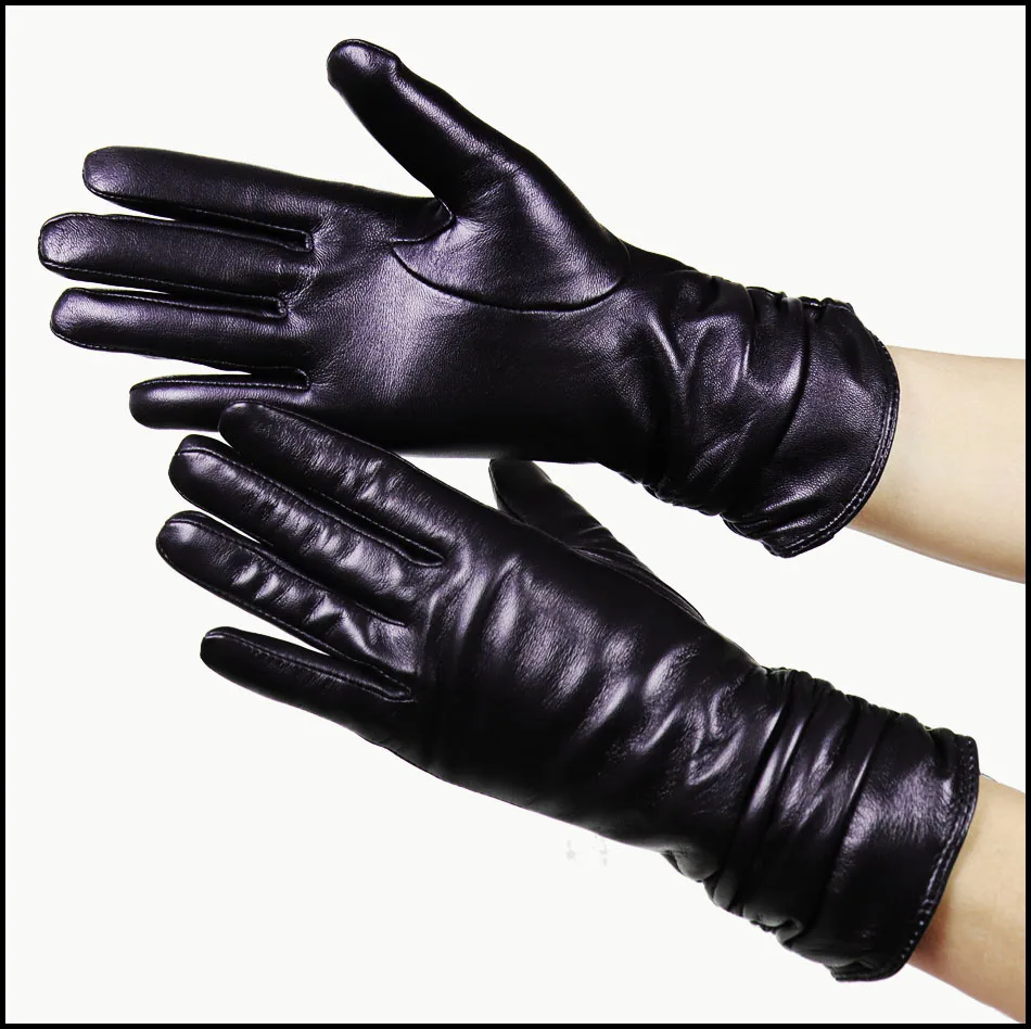 High-end Leather Sheepskin Gloves Women's Warm Knitted Flannel Lining Touch Screen Color Leather Gloves Driving Genuine New