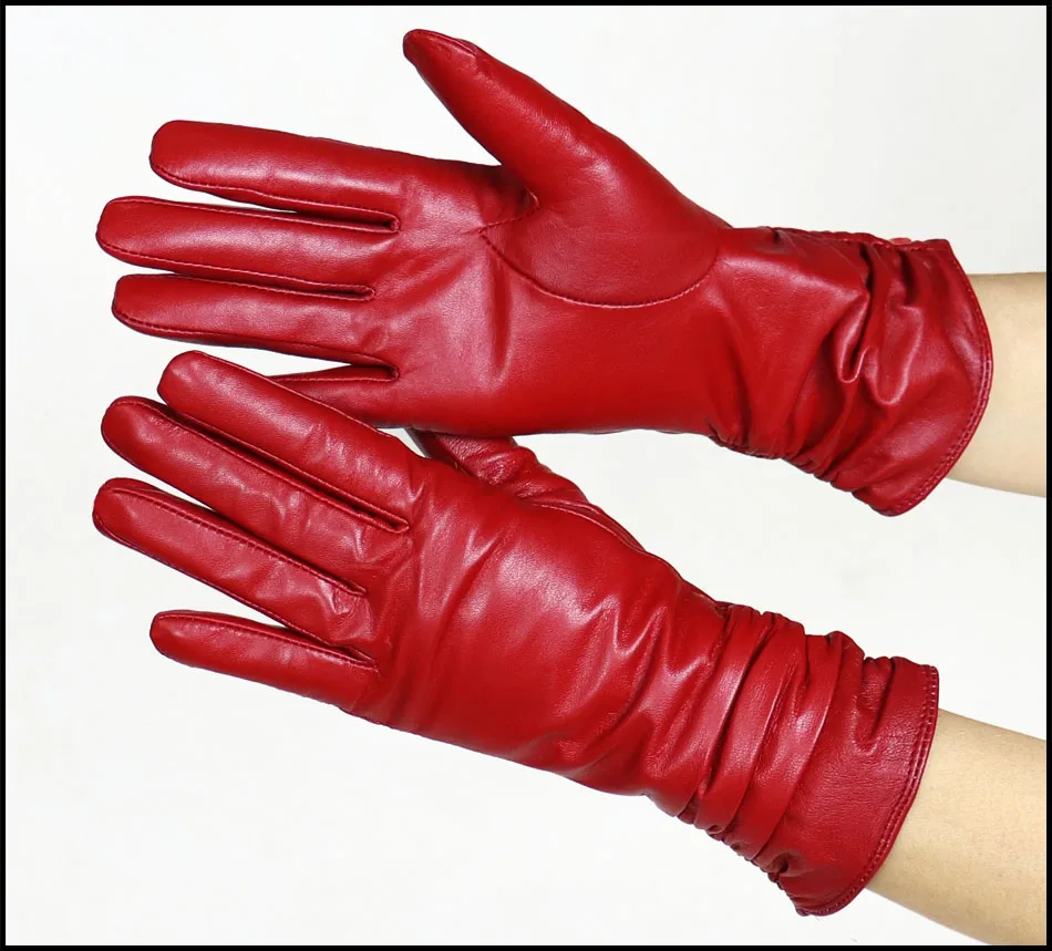 High-end Leather Sheepskin Gloves Women's Warm Knitted Flannel Lining Touch Screen Color Leather Gloves Driving Genuine New