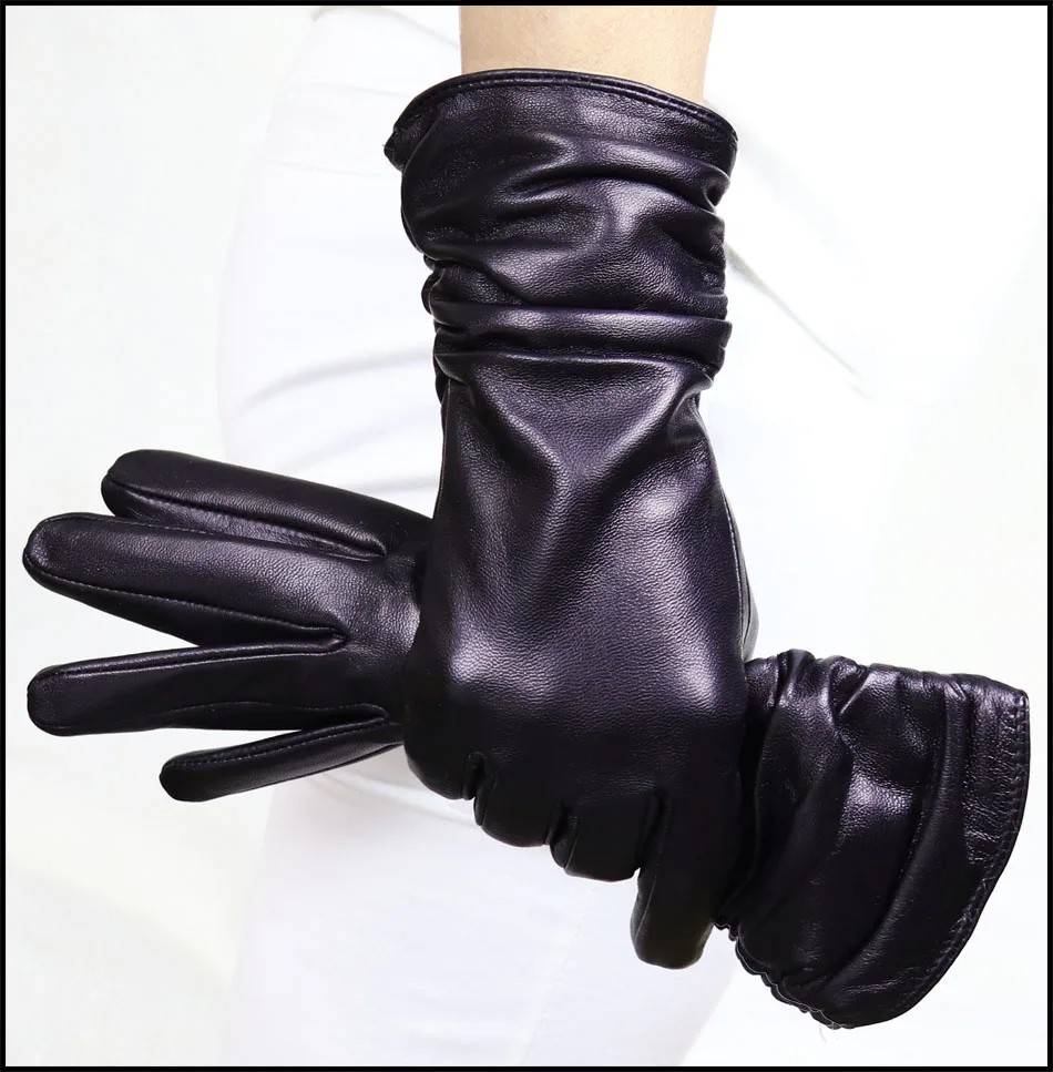 High-end Leather Sheepskin Gloves Women's Warm Knitted Flannel Lining Touch Screen Color Leather Gloves Driving Genuine New