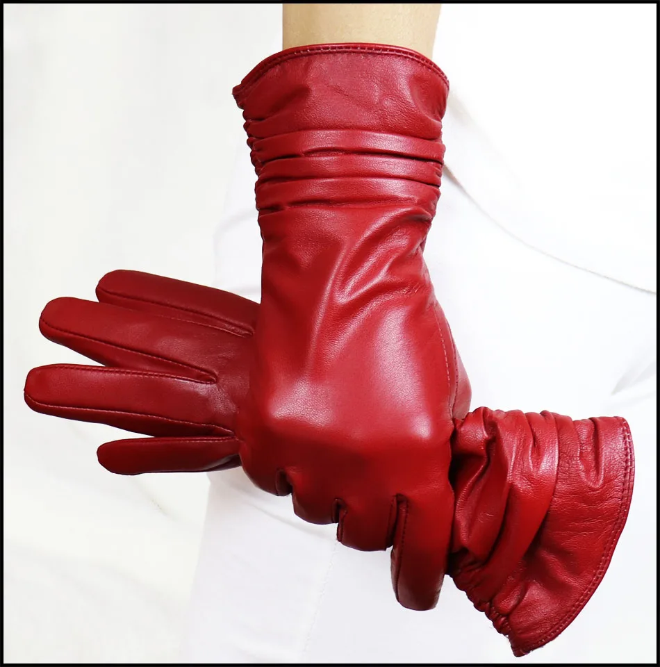 High-end Leather Sheepskin Gloves Women's Warm Knitted Flannel Lining Touch Screen Color Leather Gloves Driving Genuine New