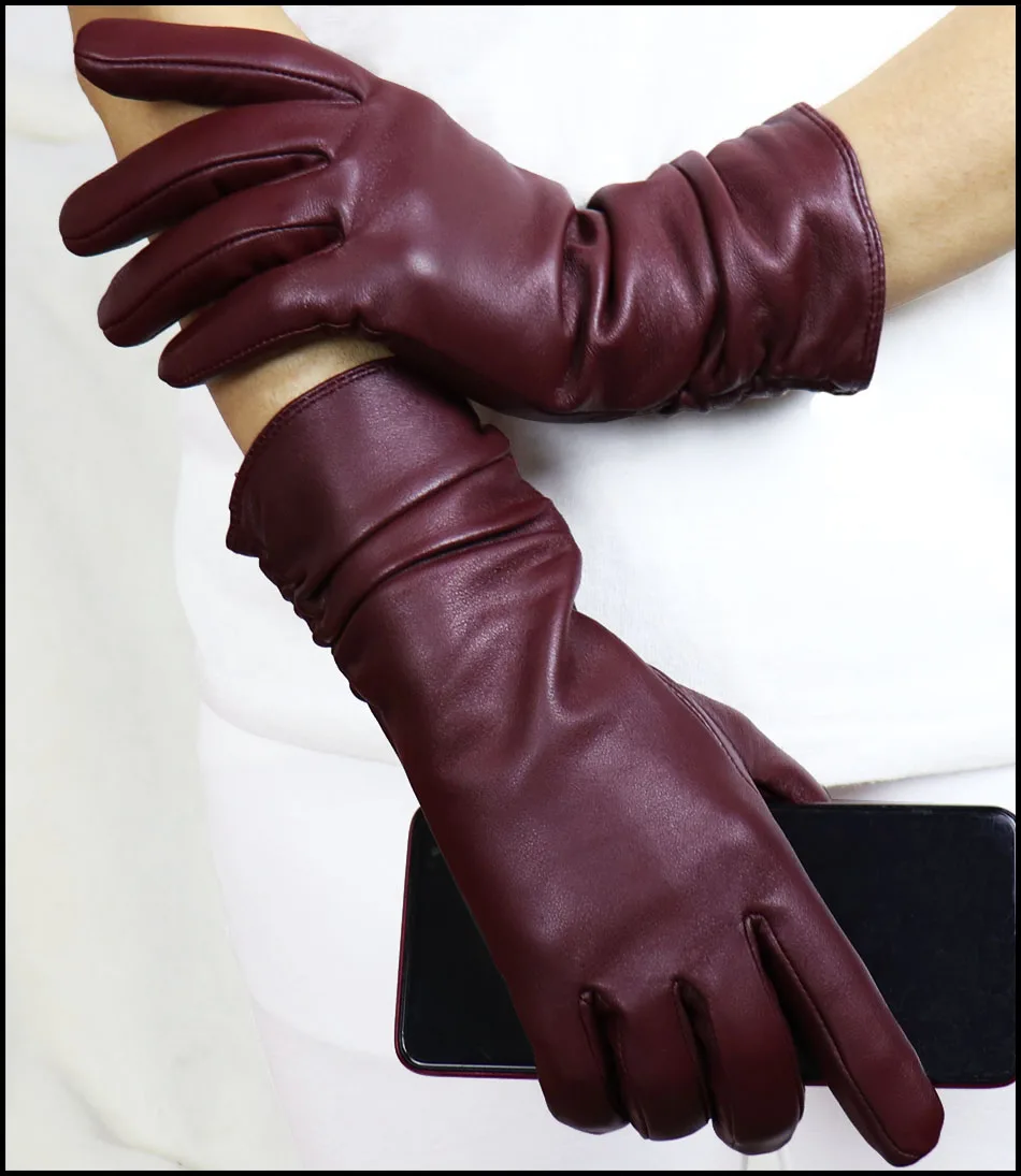 High-end Leather Sheepskin Gloves Women's Warm Knitted Flannel Lining Touch Screen Color Leather Gloves Driving Genuine New