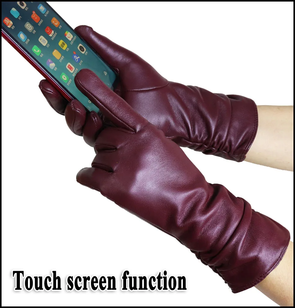 High-end Leather Sheepskin Gloves Women's Warm Knitted Flannel Lining Touch Screen Color Leather Gloves Driving Genuine New