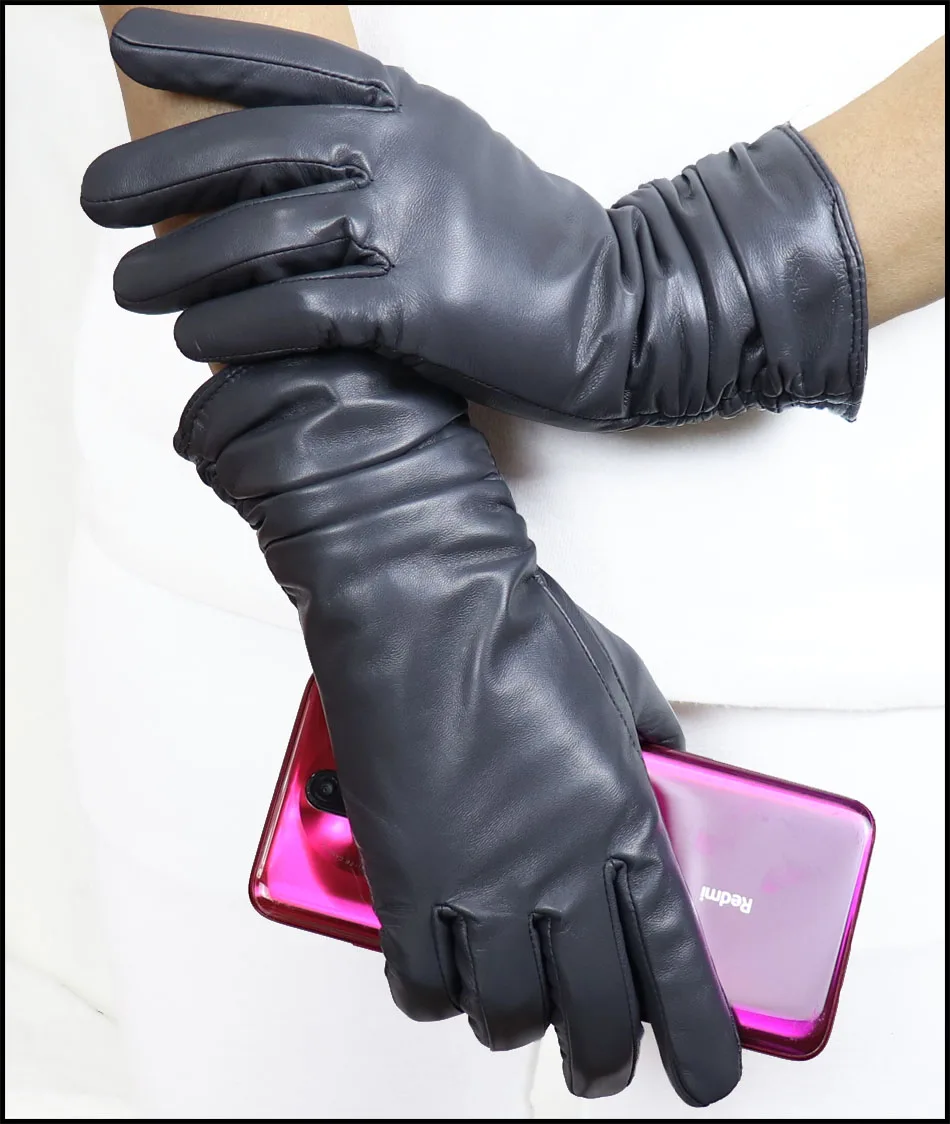 High-end Leather Sheepskin Gloves Women's Warm Knitted Flannel Lining Touch Screen Color Leather Gloves Driving Genuine New