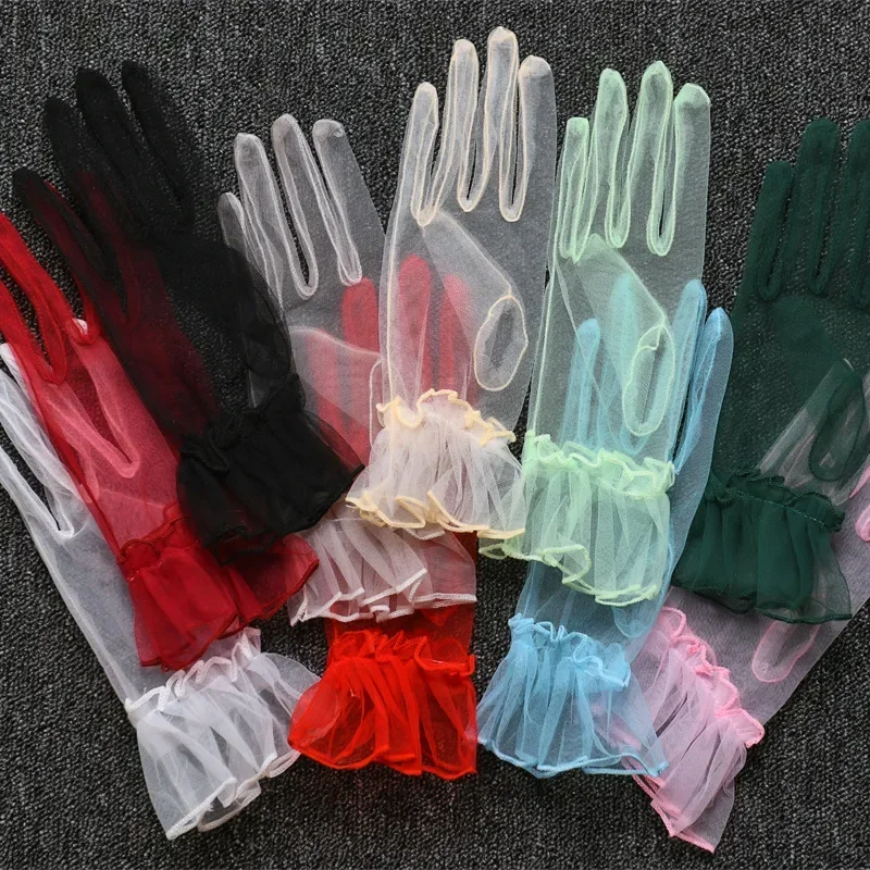 Women Short Tulle Gloves Summer Wedding White Black Elegant Gloves Stretchy Lace Full Finger Mittens Mesh Transparentes Gloves