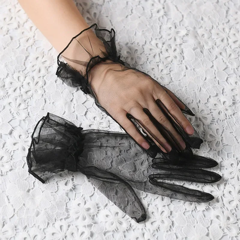 Women Short Tulle Gloves Summer Wedding White Black Elegant Gloves Stretchy Lace Full Finger Mittens Mesh Transparentes Gloves