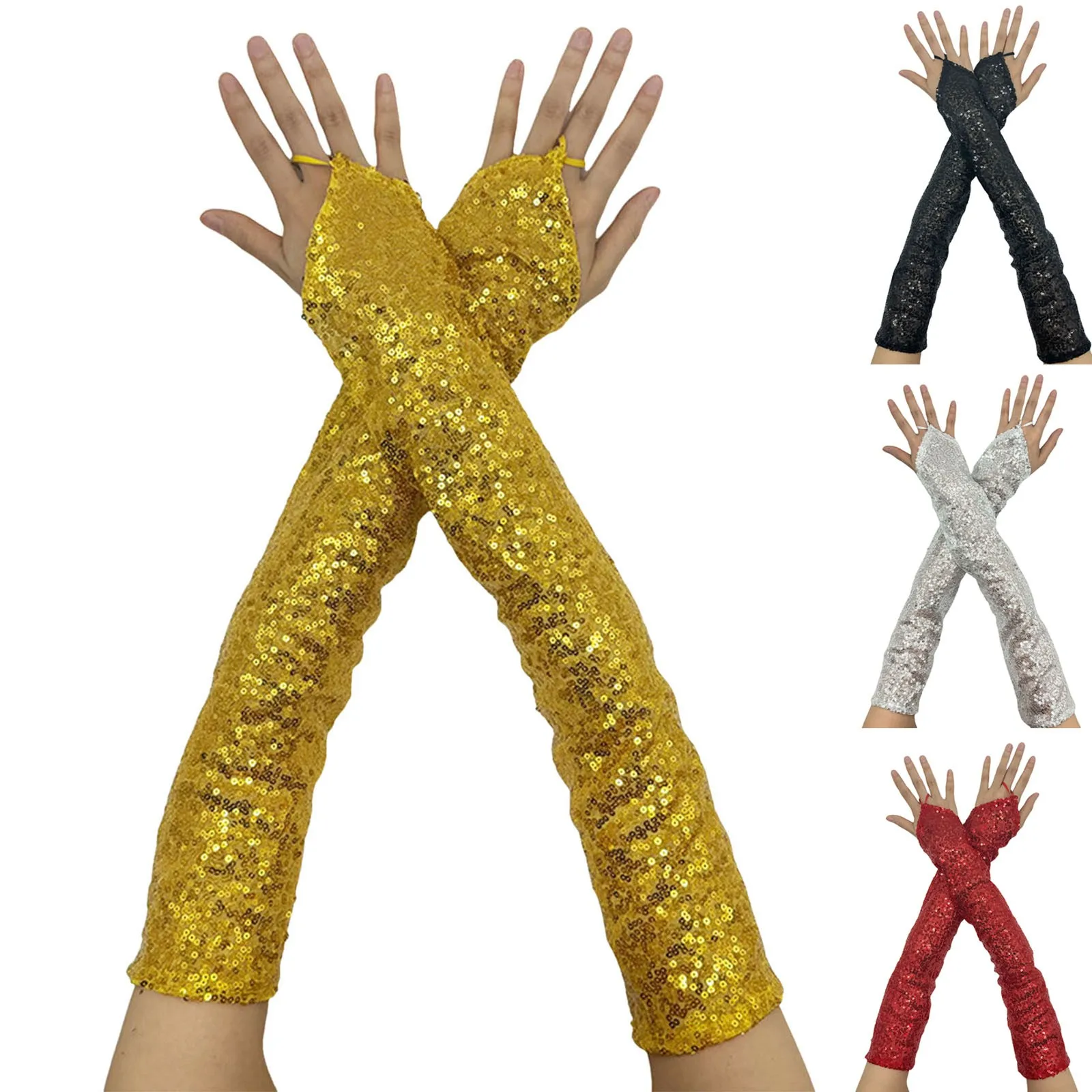 Womens Long Golden Sequins Gloves New Fingerless 50cm Nightclub Festical Rave Glove Sexy Mittens Cosplay Dance Stage Accessories