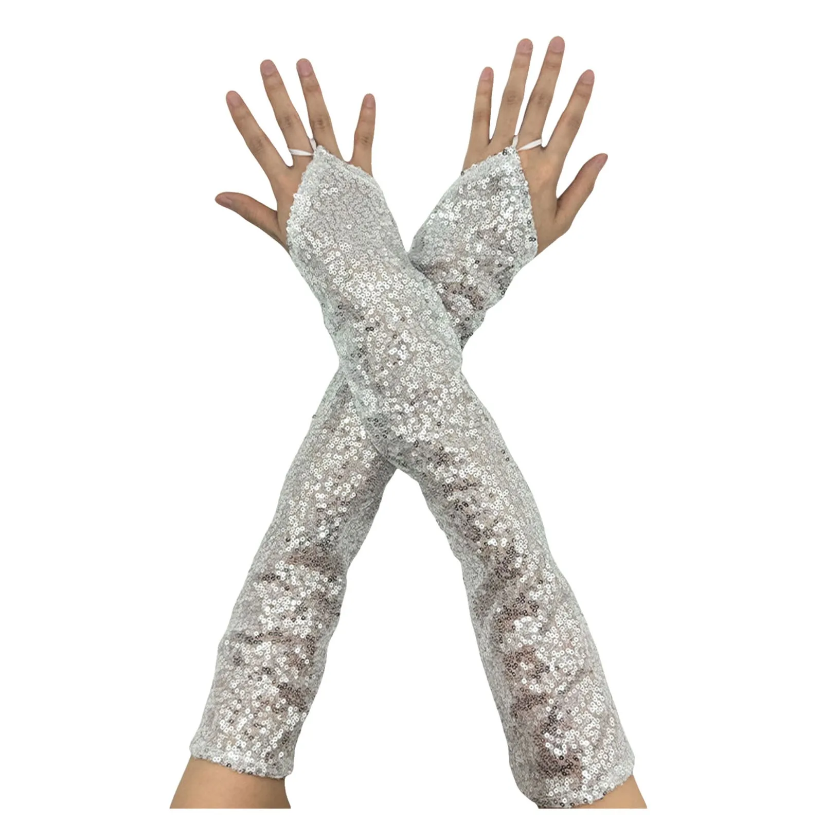 Womens Long Golden Sequins Gloves New Fingerless 50cm Nightclub Festical Rave Glove Sexy Mittens Cosplay Dance Stage Accessories