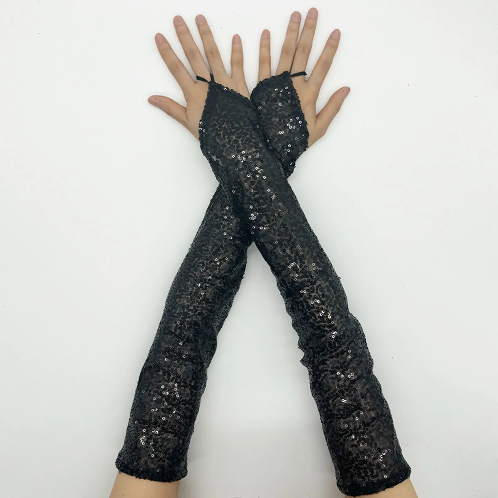 Womens Long Golden Sequins Gloves New Fingerless 50cm Nightclub Festical Rave Glove Sexy Mittens Cosplay Dance Stage Accessories